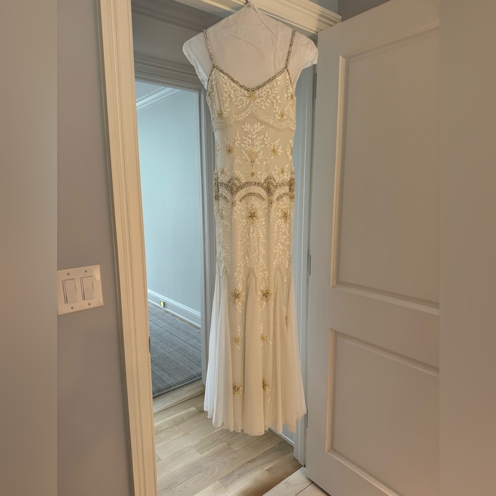 JM Collection White and Gold Dress with Pearl Details